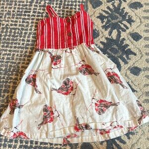 Red and White Striped Kids Dress with Bird Print
